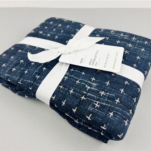 Pottery Barn Euro Sham Arlo Cross Stitch Navy Blue White Pillow Sham 26x26 NWF - Picture 5 of 8